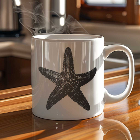 A white ceramic mug sits on a wooden table, with an illustration of a black starfish printed on the mug. Steam rises from the hot beverage inside the mug, indicating it is a warm drink. The mug's curved handle extends to the right side of the image.